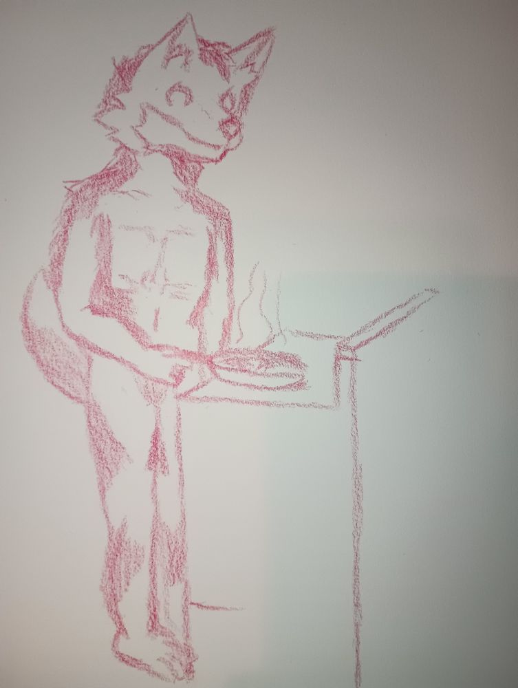 sketch of an anthro wolf pan frying some non descript food