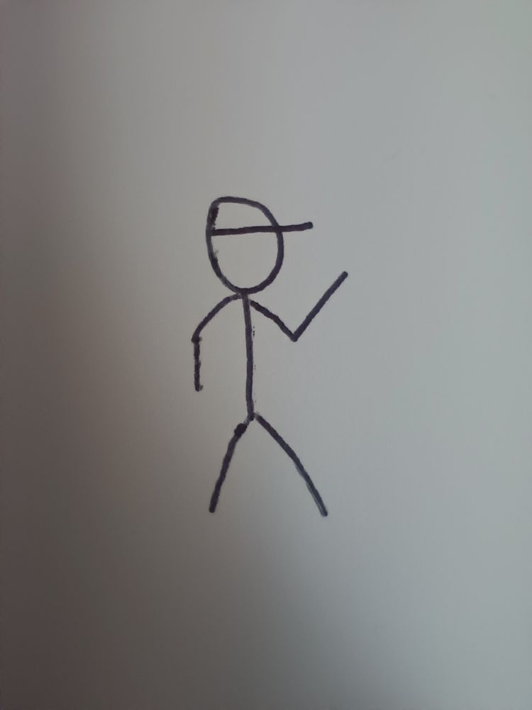 stick figure with a cap waving at whoever's nice enough to greet them