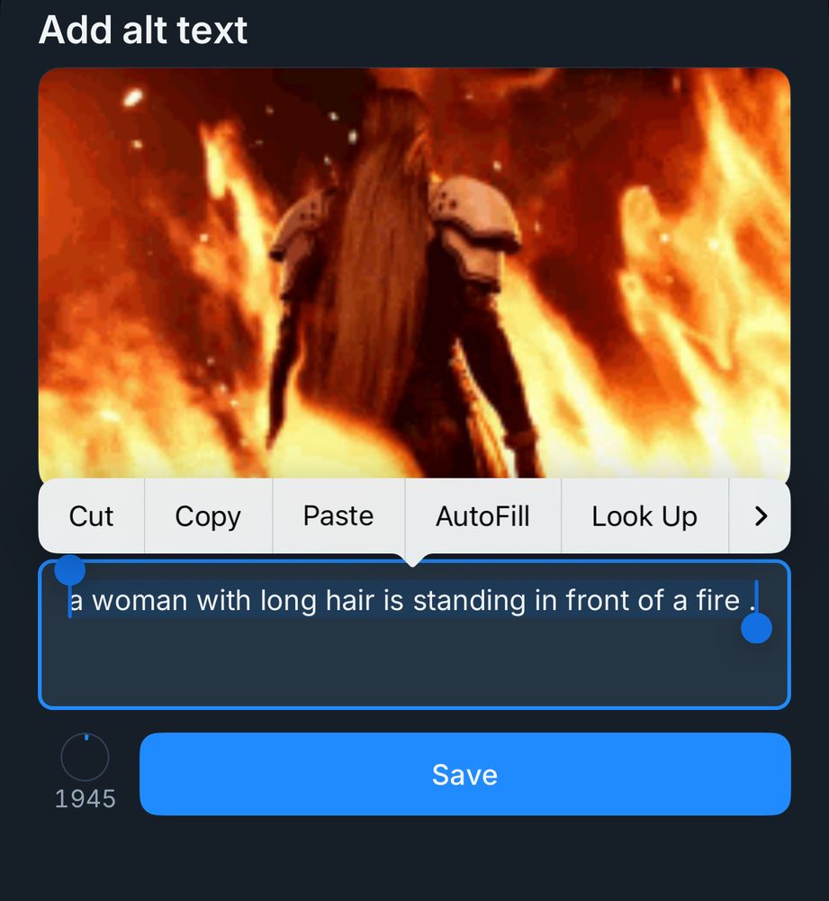 The gift from before but the suggested text reads “a woman with long bair is standing in front of a fire.”
