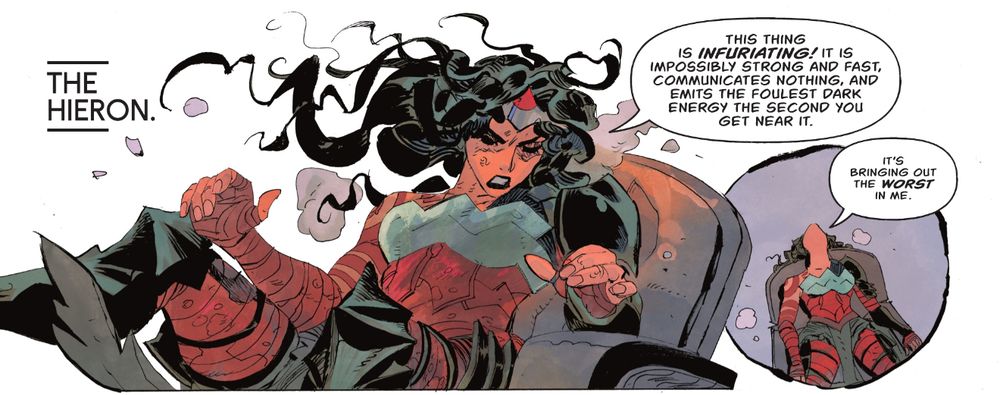 A panel from Absolute Wonder Woman #13 where she is drained by a foul darkness. The immaculate creatives on this one: Kelly Thompson, Matías Bergara, Jordie Bellaire, and Becca Carey.