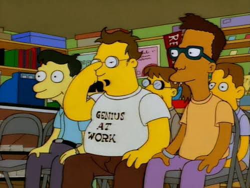 The iconic Itchy and Scratchy nerd from the Simpsons asking about the rib bone xylophone sounds. Almost as big of a dork as my wife am I right folks?