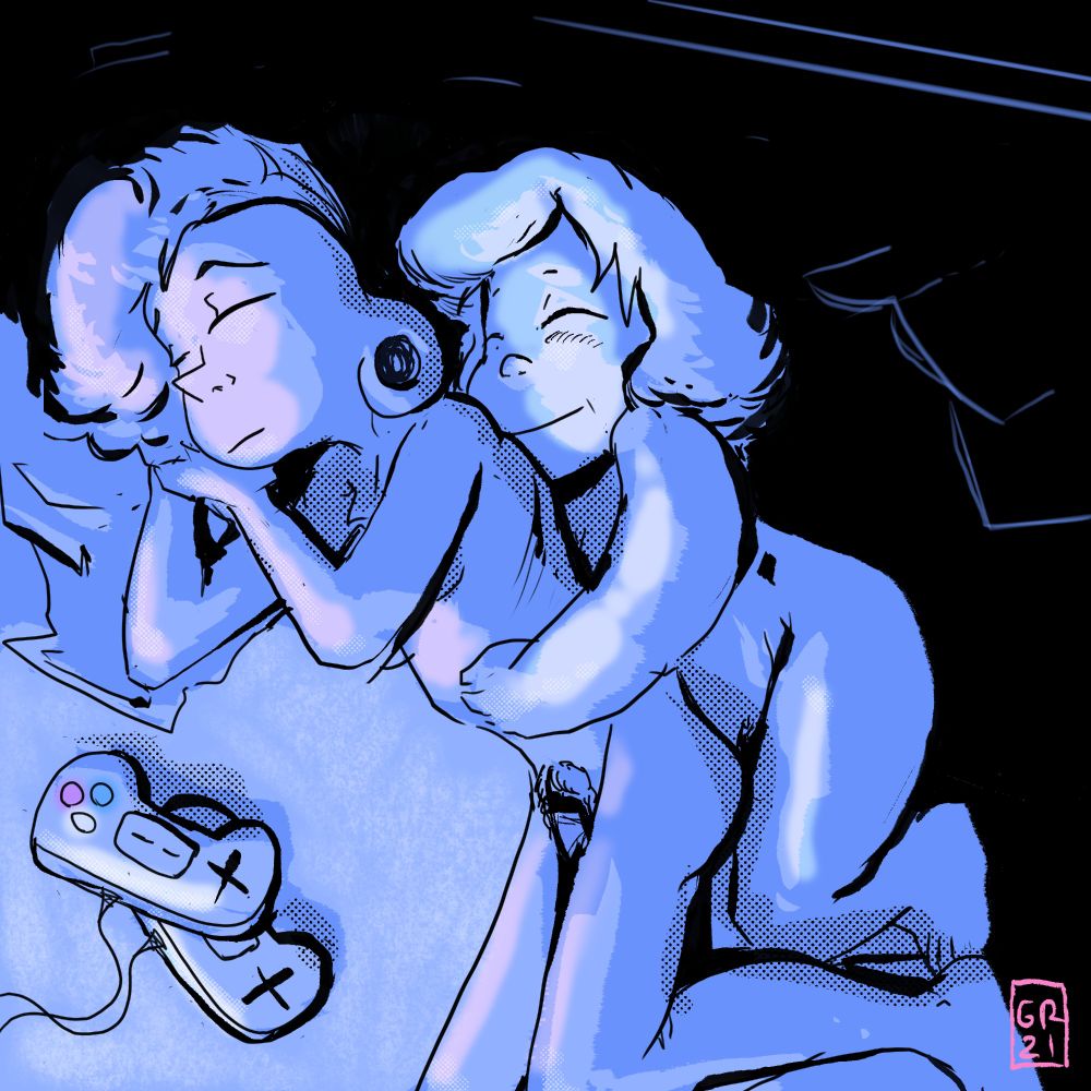 Commissioned art by Grayescale of Lars and Sadie, naked, spooning after a rousing night of video gaming
