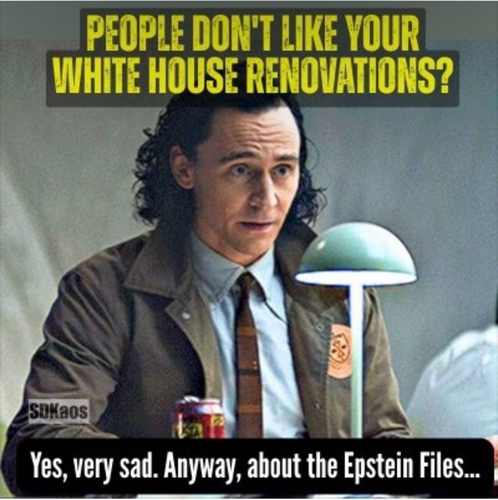 It's a picture of a person sitting at a desk with a beer. The credit goes to SD kaos. The caption reads: "People don't like your White House renovations? Yes, very sad. Anyway, about the Epstein files...