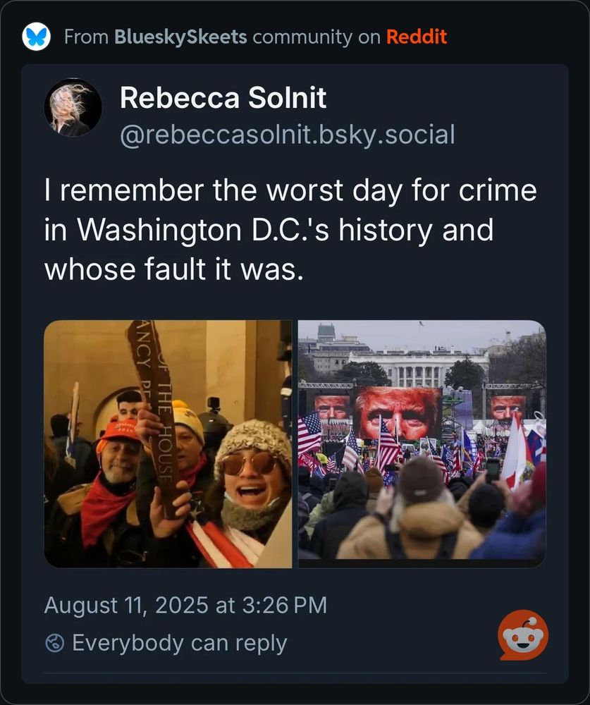 It's from the Bluesky skeets group on Reddit. Posted by Rebecca Solnit @Rebeccasolnit.bsky.social She says: 