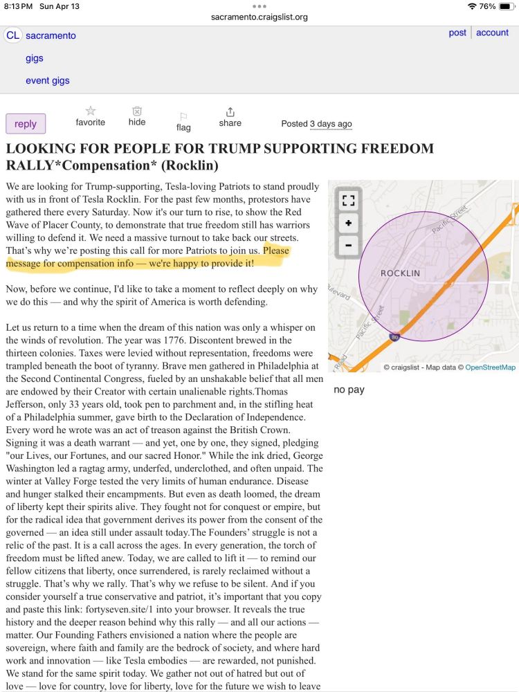 It's a Craigslist ad to hire counter protesters for the Tesla Takedown events locally in Roseville California