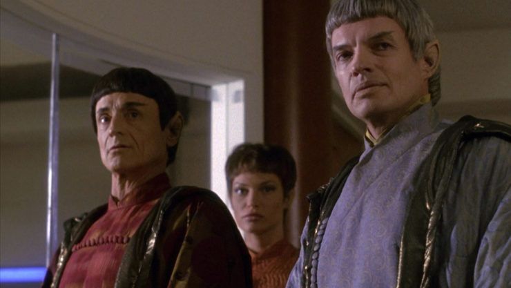 Three Vulcan characters (Tos, T'Pol, and Soval) in "Broken Bow", the première episode of Enterprise.