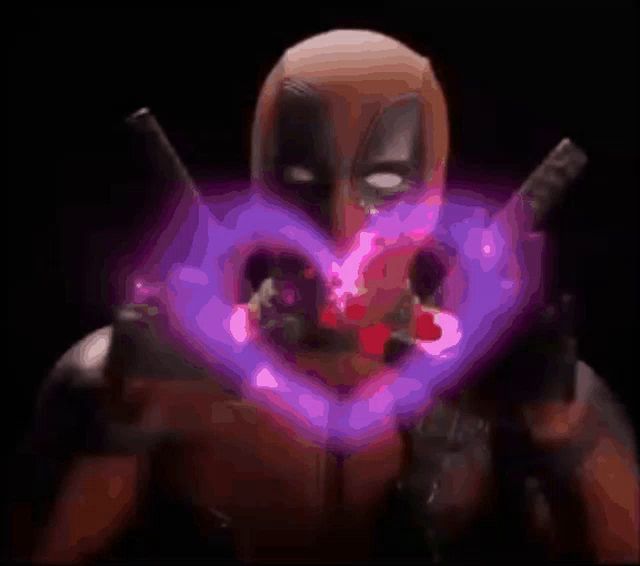 a deadpool holding a sword with a purple background