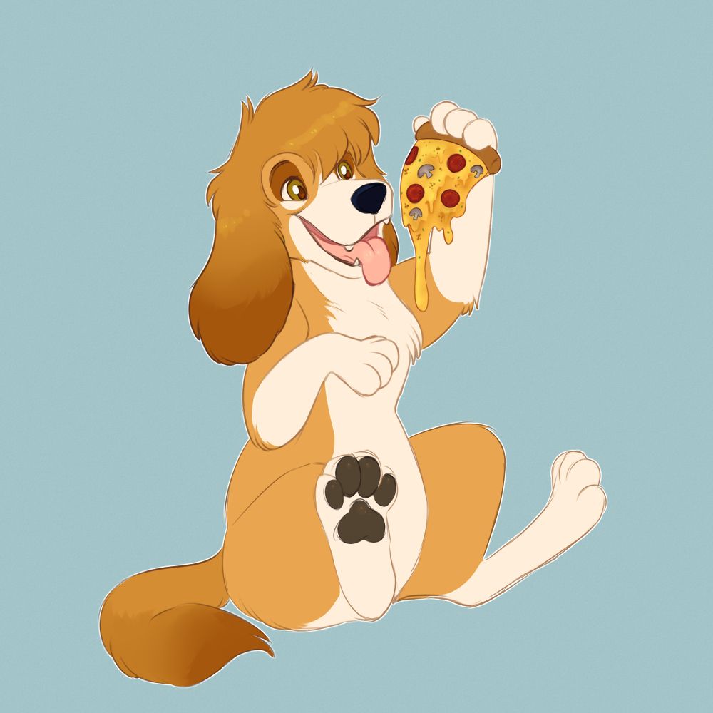 A sketch of a spaniel dog sitting on it's bottom holding a slice of pizza.