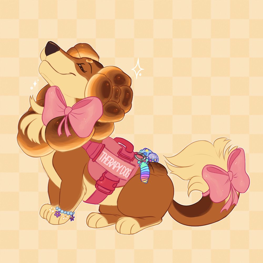 A Dachsbun (Pokemon) sitting proudly. She has two pink bows - one on her neck and one on her tail. She is wearing a pink Therapy Dog harness with 3 stim toys attached. The stim toys are a slinky slug, a squeezy ball filled with orbeez, and a ball shaped pop-it toy. She is also wearing a blue beaded bracelet with purple and white daisy charms attached to it. The background is a checkered light yellow.