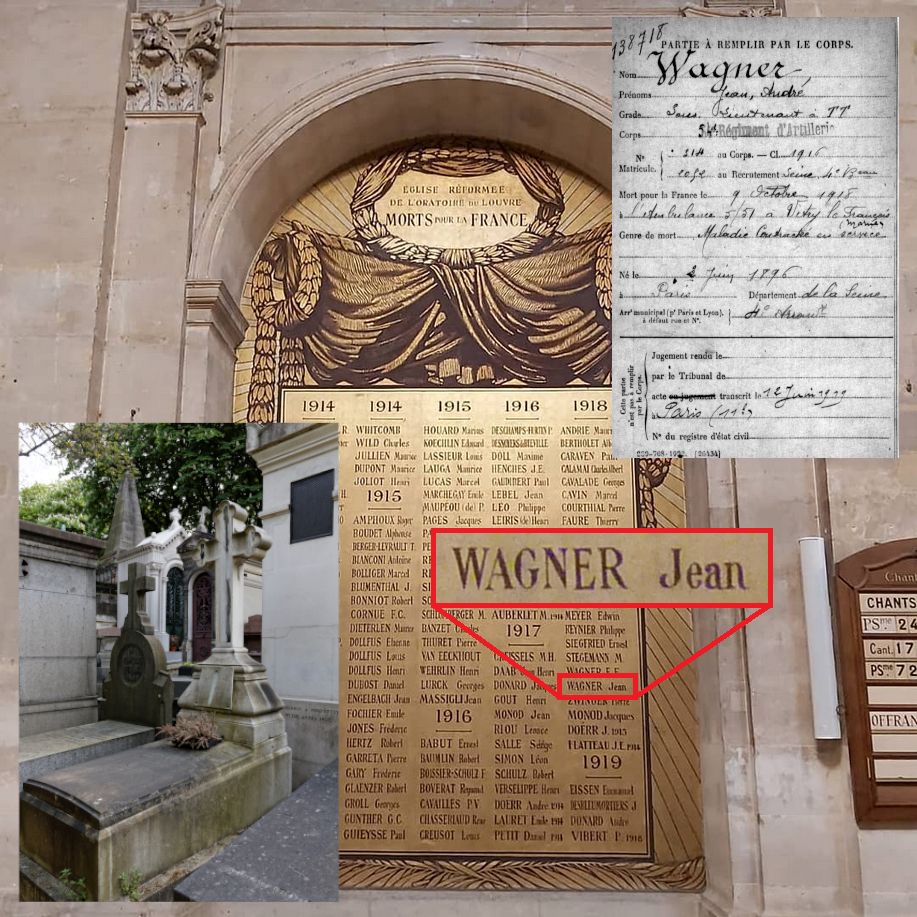 Monument au mort au temple protestant protestantisme de l'Oratoire du Louvre, tombe au Père Lachaise et fiche sur le site Mémoire des hommes Morts pour la France du ministère des Armées.