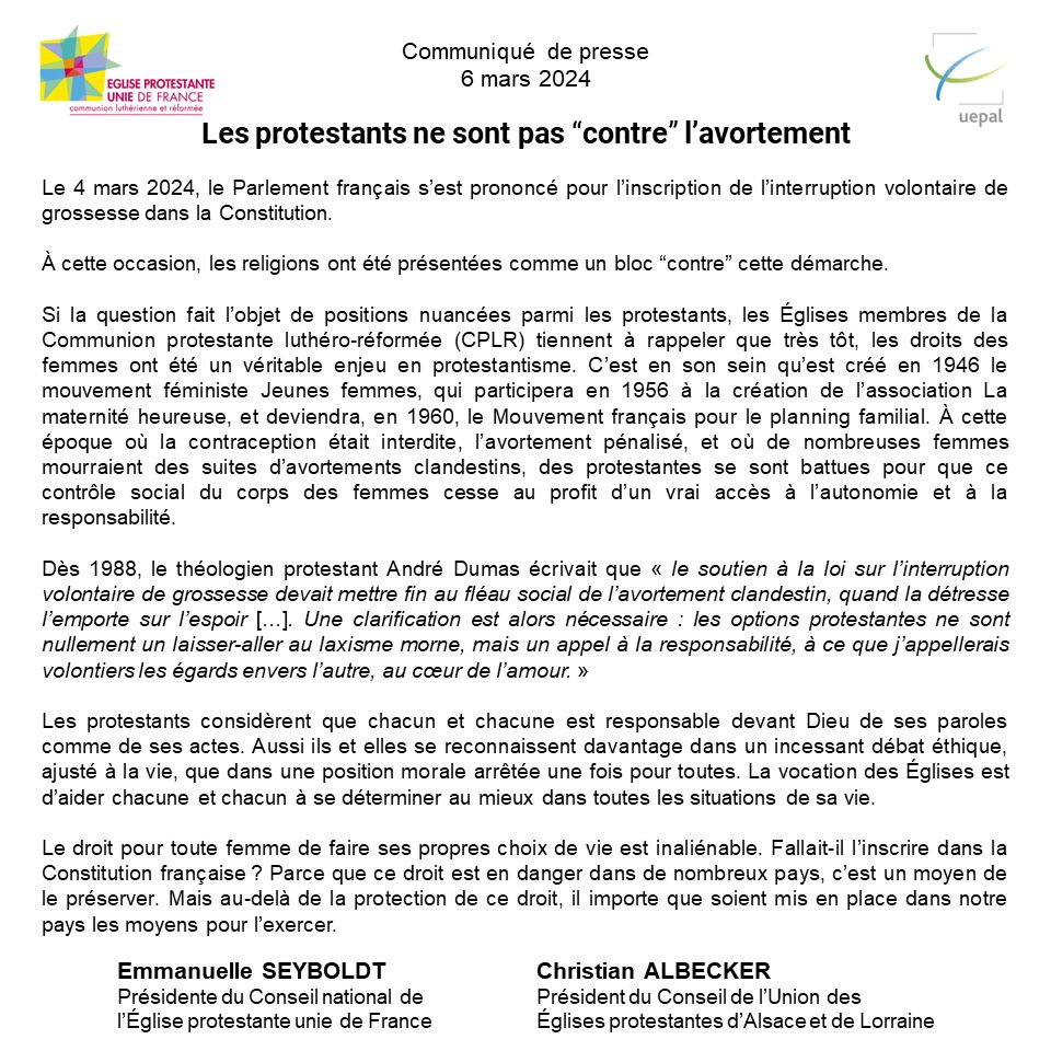 Texte du communiqué de presse à lire également en ligne. protestantisme droit des femmes féministe avortement IVG 8mars