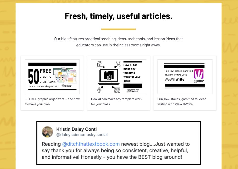 Ditch That Textbook homepage section about blog posts with a testimonial from Kristin Daley Conti