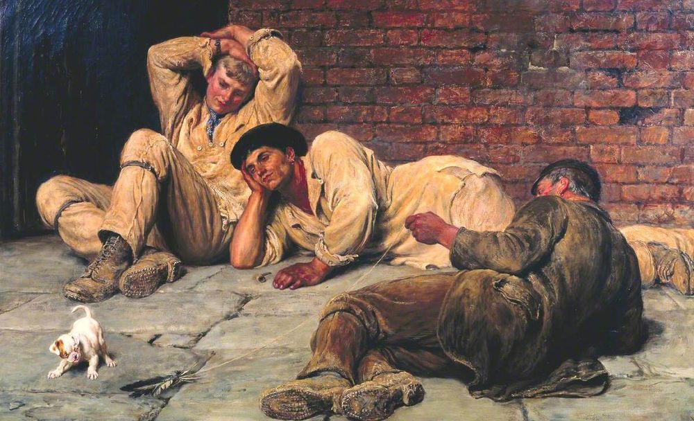 "Giants at Play" by Briton Rivière. Three men relax against a brick wall, languidly playing with a small terrier puppy.