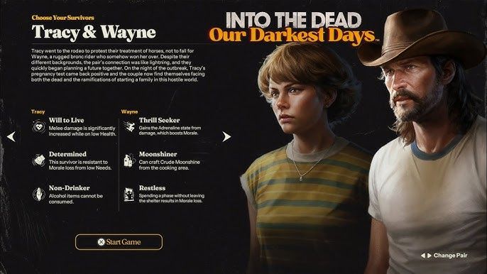 Tracy and Wayne, characters from the game "Into the Dead: Our Darkest Days." Tracy is a young white woman. Wayne is a white man with a mullet haircut, beard, and cowboy hat. Both are beautifully rendered.