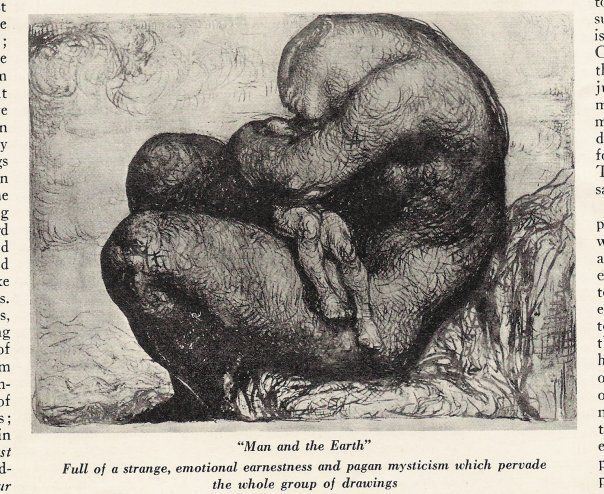 A Rose O'Neill pen and ink drawing, featuring a giant humanoid embracing a smaller one. It is captioned "Man and the Earth."