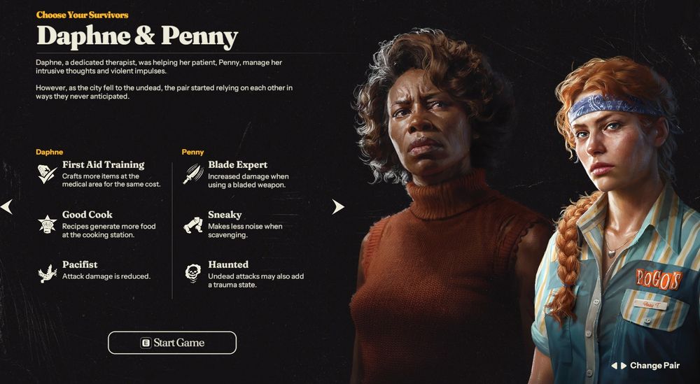 Daphne and Penny, characters from the game "Into the Dead: Our Darkest Days." Daphne is a middle-aged Black woman. Penny is a red-headed teen girl. Both are beautifully rendered.