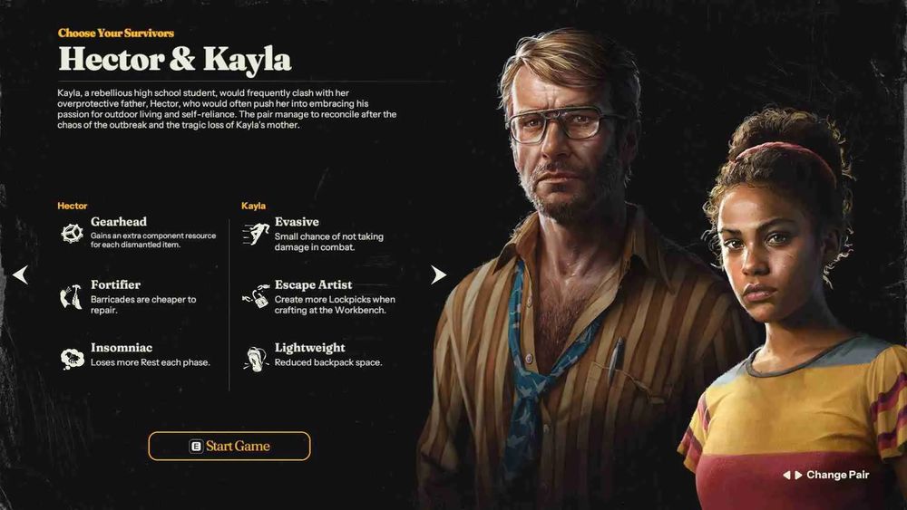Hector and Kayla, characters from the game "Into the Dead: Our Darkest Days." Hecktor is a middle-aged white man with glasses. Kayla is a brown, biracial adolescent girl. Both are beautifully rendered.