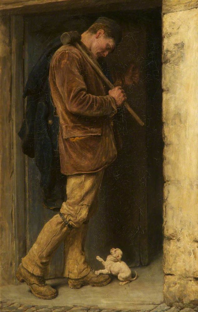 "The Welcome," by Briton Riviere. A small white puppy greets a man returning from a day at work.
