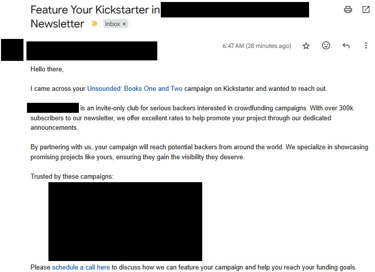 A scam email, inviting me to pay for a newsletter spot.