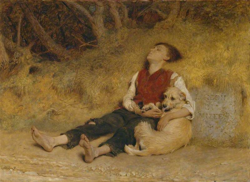 "His Only Friend," a painting by Briton Rivière, featuring an exhausted boy taking a break from walking to London with his scruffy terrier.