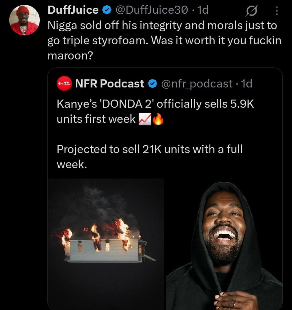 A Twitter screenshot of the NFR Podcast account, reporting Kanye West's latest album has sold 5.9k units its first week. 