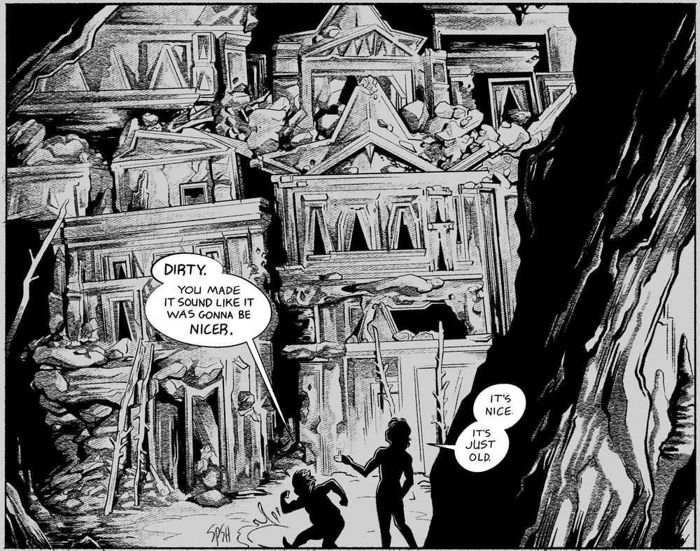 A comic panel featuring a rock face carved to look like houses. One character comments that it looks dirty; the other counters that it's a nice place, just old