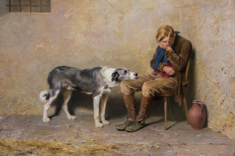 "Fidelity," by Briton Rivière. An imprisoned man, implied to have been roughed up during capture, languishes in a cell, head in hand, beneath a scratched-in drawing of a hanged man. his loyal dog attempts to comfort him.