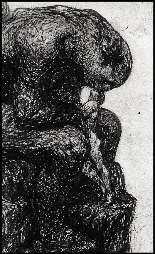 A Rose O'Neill pen and ink drawing, featuring a giant female humanoid nuzzling a tiny male humanoid. It is titled "Besieging the lips of the Earth."
