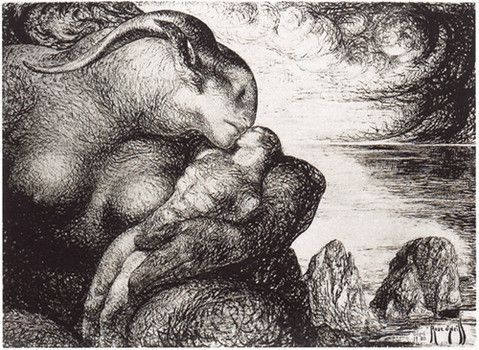 A Rose O'Neill pen and ink drawing, featuring a giant female satyr embracing a small human male. She appears to be nuzzling him.