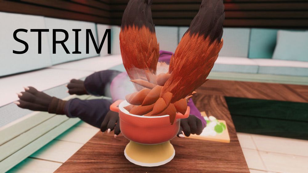 vrchat foxdragon lying face down in a cheese fountain, captioned "STRIM"