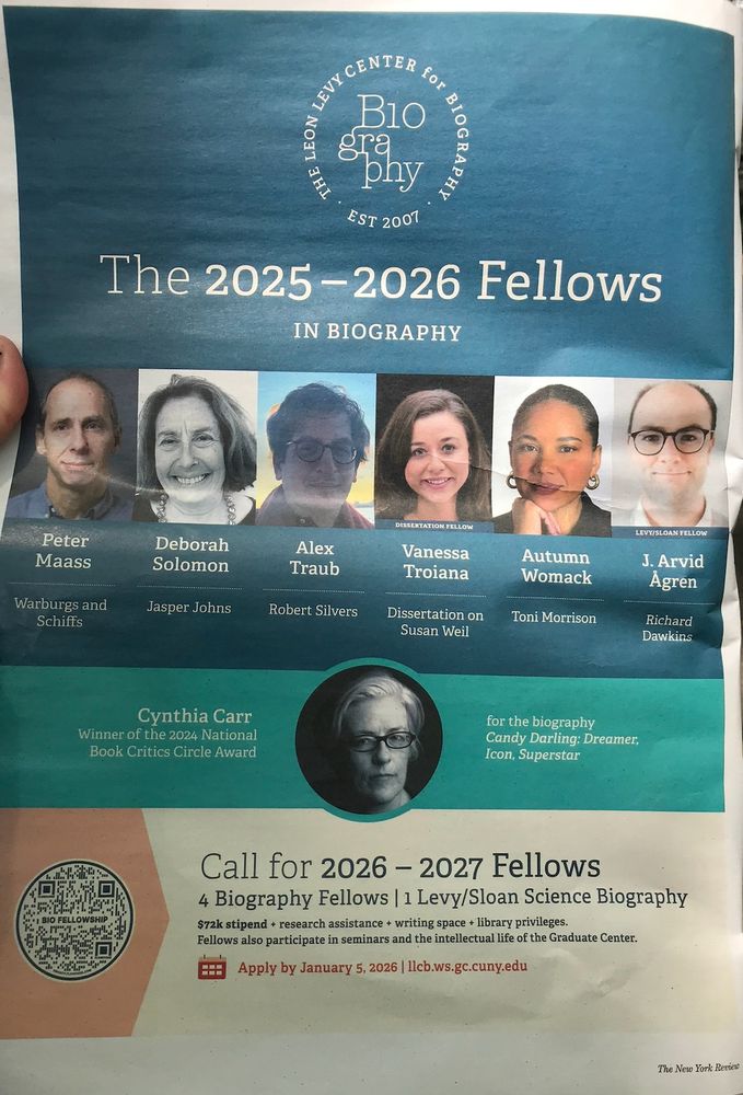 New York Review of Books announcement of the 2025-2026 fellows at the Leon Levy Center for Biography: Peter Maass, Deborah Solomon, Alex Traub, Vanessa Troiana, Autumn Womack, J. Arvid Agren.