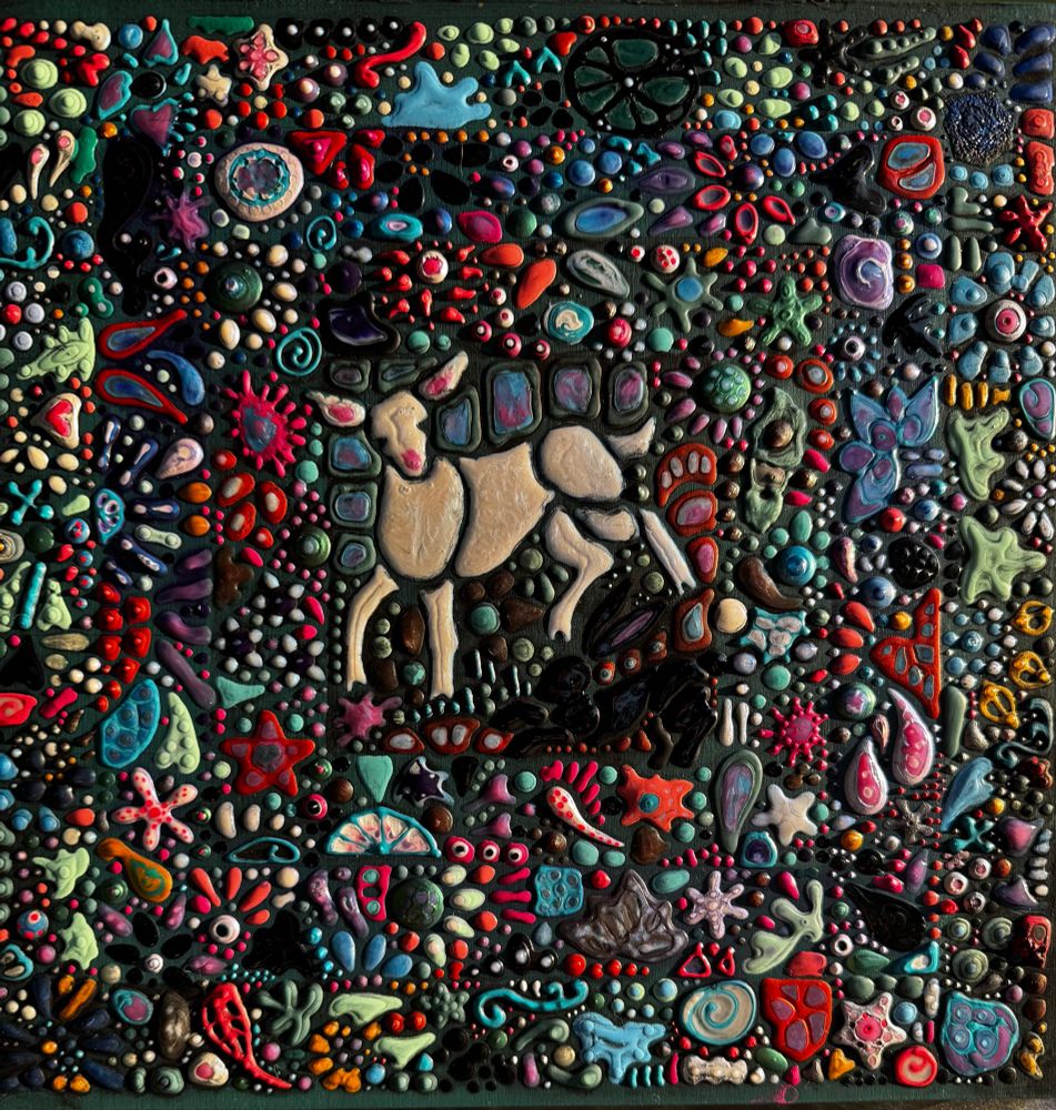 Mosaic style painting with a white goat or sheep at the center