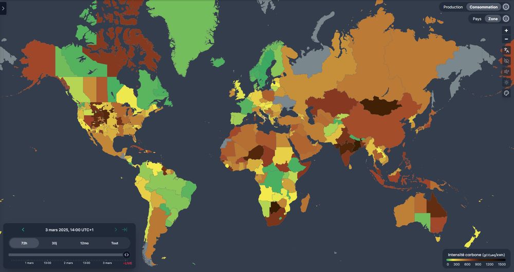 Carte du monde des émissions de CO2 équivalent pour la production électrique. La quasi-totalité des pays ont des données