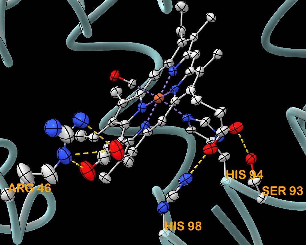 B-factor ellipsoids for heme in myoglobin.