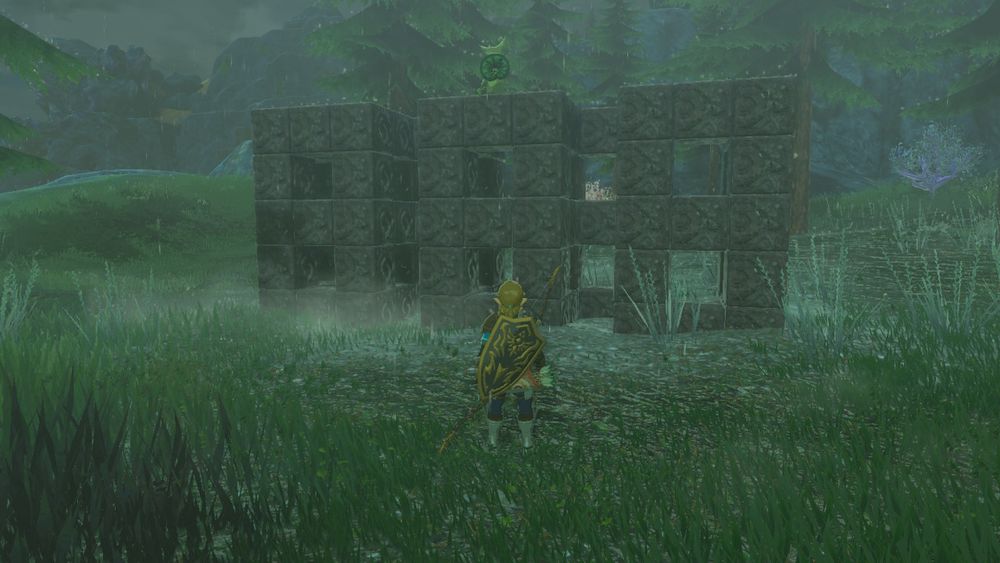 A Korok standing on some blocks that vaguely make the shape of three 8s in a row.