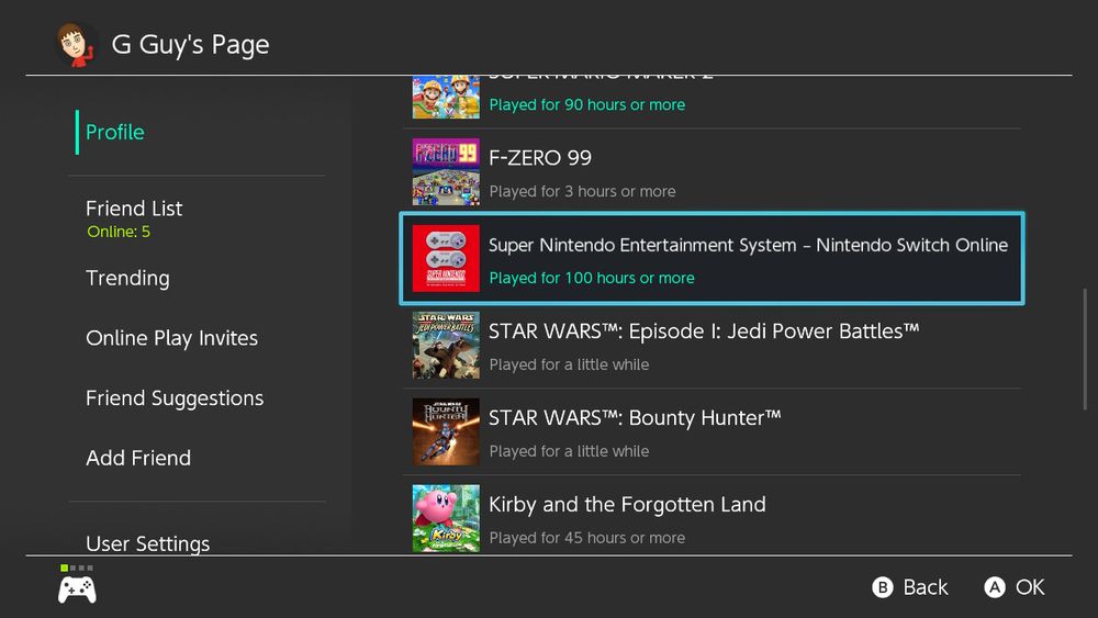 More game times. F-Zero 99 at 3 hours, SNES NSO at 100, Kirby and Forgotten Land at 45, and two Star Wars games I literally only started to get platinum points as they were part of a Game Trial.