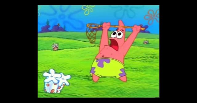 patrick star from spongebob squarepants is holding a soap bubble net in his hands .