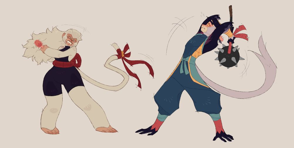 Susu struggles to brush her hair while Xiuying struggles to lift the weapon