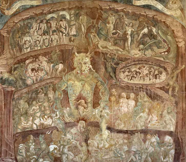 A section of the fresco series from the Camposanto Monumentale in Pisa, titled The Last Judgment and Hell, attributed to the artist Buonamico Buffalmacco and painted around 1336-1341. 
The fresco is segmented into tiers, presenting a cave-like depiction of Hell. A large, monstrous, greenish devil figure dominates the center of the composition, shown seated and consuming figures. The work illustrates the punishments of the damned, with various naked figures suffering in different sections of the painting, consistent with medieval depictions of the afterlife. This scene is part of a larger cycle that includes The Triumph of Death and Stories of the Holy Fathers, intended to provoke reflection on sin and virtue. 