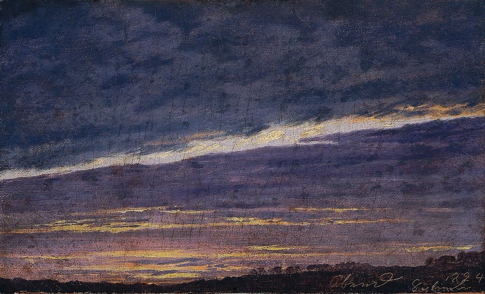 Cloudy evening sky painting, sunset just disappearing.