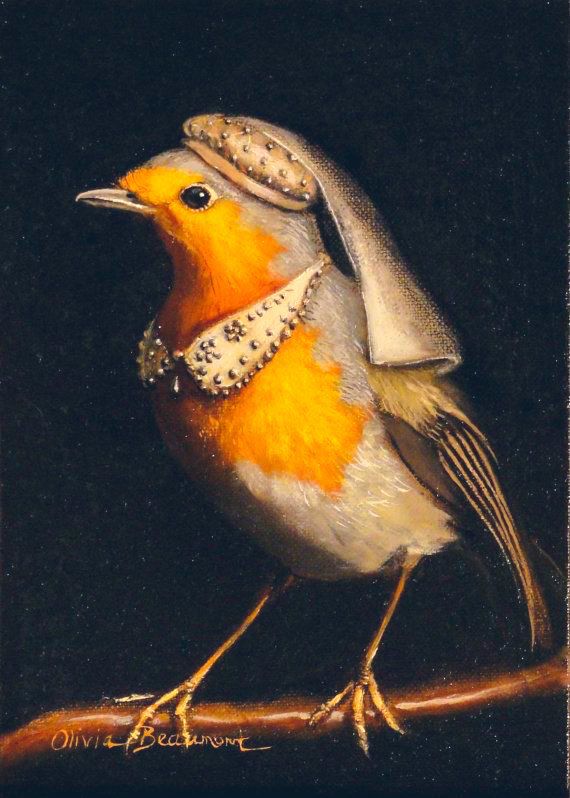 Robin on a branch wearing elaborate, jewelled collar and cap with veil, painting. 