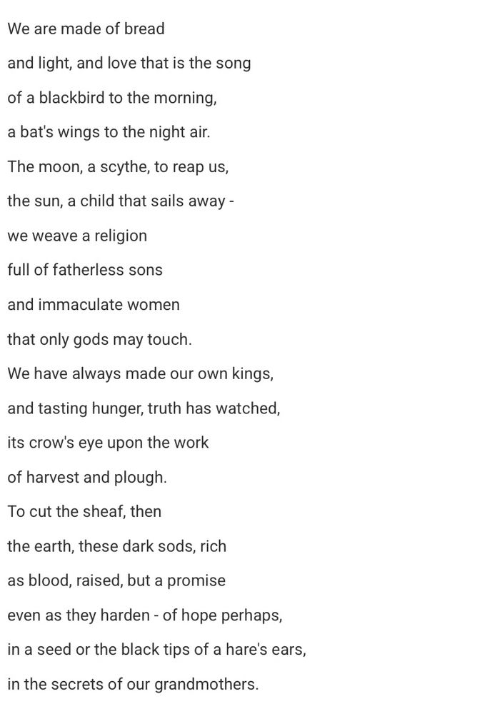 We are made of bread
and light, and love that is the song
of a blackbird to the morning, a bat's wings to the night air.
The moon, a scythe, to reap us,
the sun, a child that sails away -
we weave a religion
full of fatherless sons
and immaculate women
that only gods may touch.
We have always made our own kings,
and tasting hunger, truth has watched,
its crow's eye upon the work
of harvest and plough.
To cut the sheaf, then
the earth, these dark sods, rich as blood, raised, but a promise even as they harden - of hope perhaps, in a seed or the black tips of a hare's ears,
in the secrets of our grandmothers.