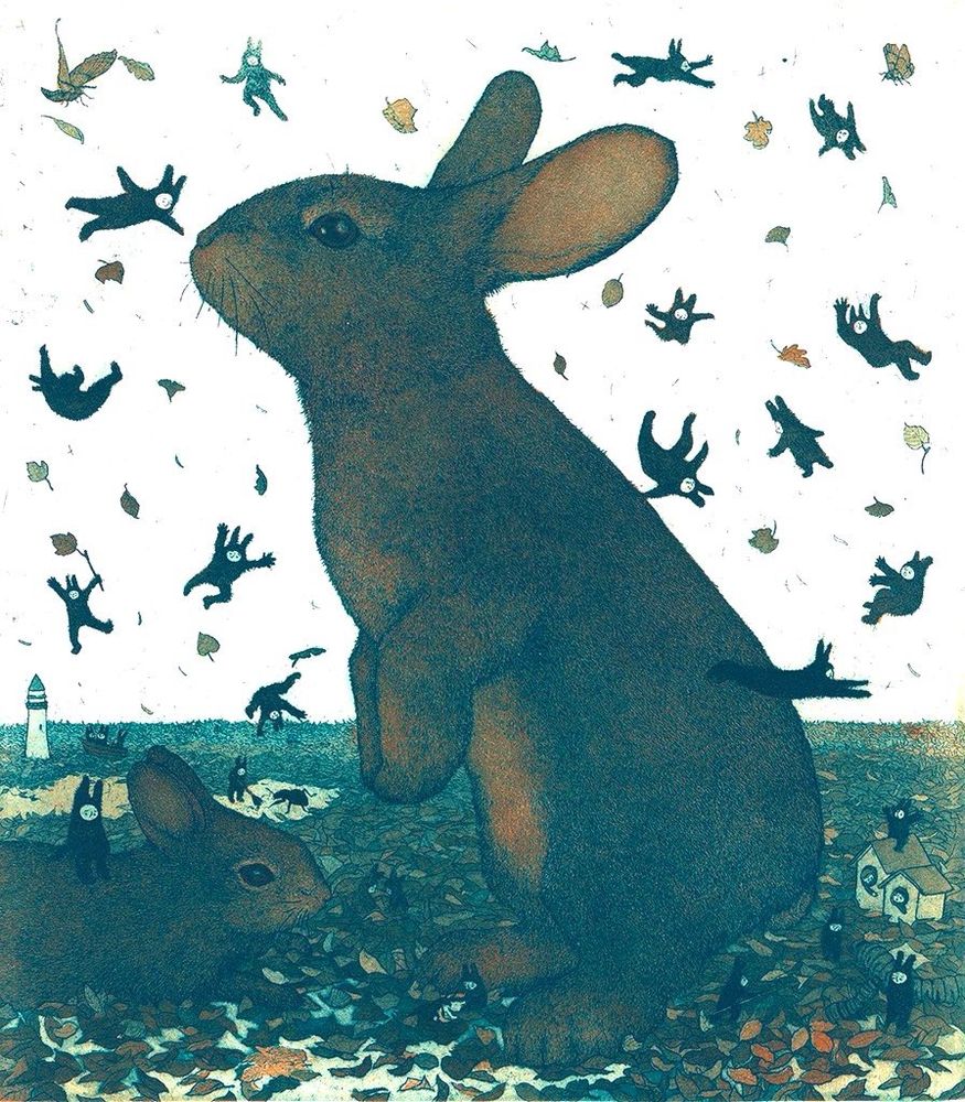 Painting a large brown rabbit sitting in a field of autumn leaves, looking up and to the left. A smaller rabbit is positioned in the foreground. Surrounding the rabbits are numerous small, dark, humanoid figures with animal-like features, some of which are floating in the air, while others are on the ground or interacting with the rabbits. A small house and a lighthouse are visible in the background.