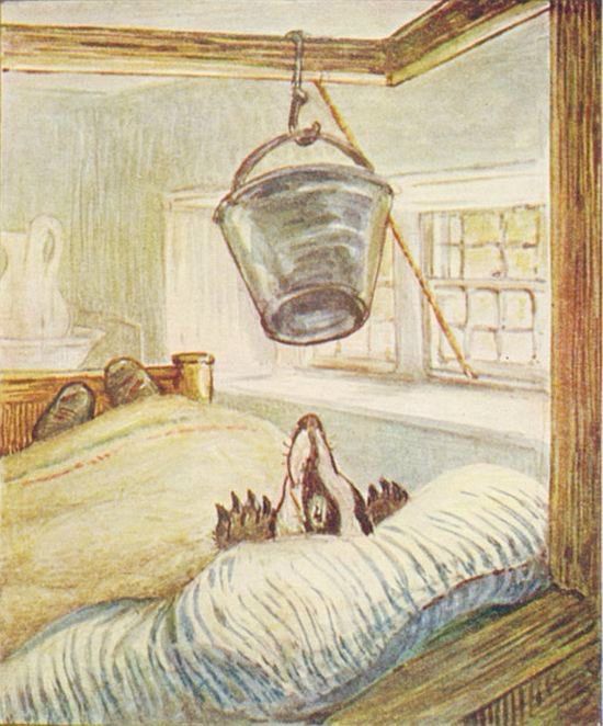 Tommy in bed with a bucket about to empty over his head, illustration 