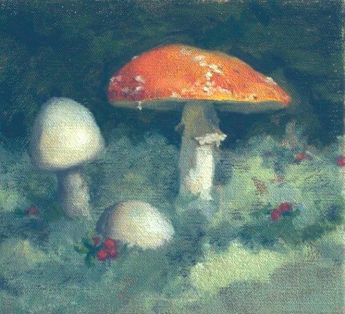 Toadstool and two white mushrooms in dark, grassy setting with berries on the ground, painting.