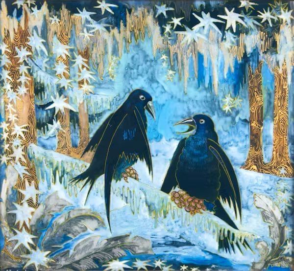Two crows on an ice laden branch in a snowy forest, one crow is mid conversation, starry snowflakes, magical painting.