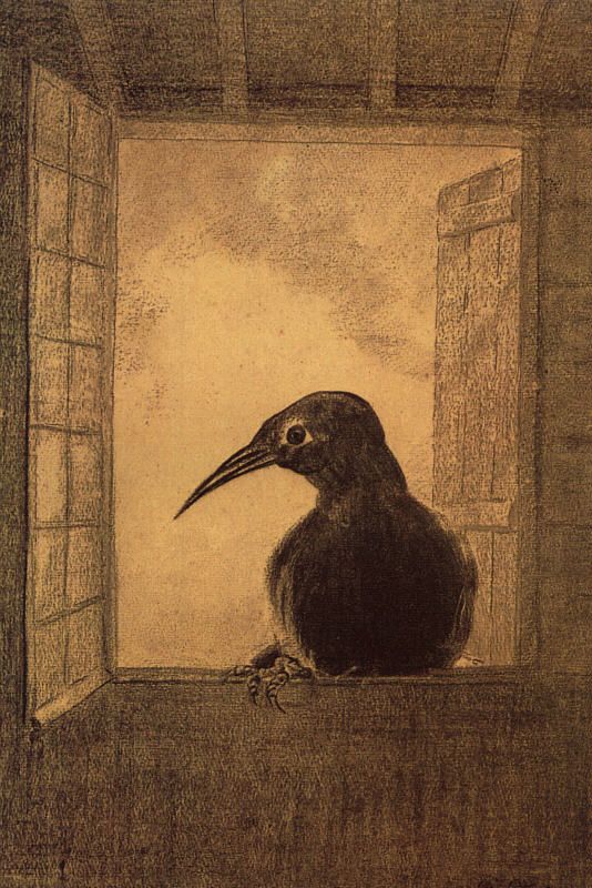 Raven on window sill looking from open window with glass on one side and wooden shutter on outside.