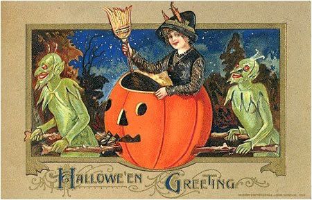 Vintage Halloween postcard, two green elfish, devil-like creatures carrying a witch with a broom in a pumpkin carriage against a night sky. Underneath it says, ‘Halloween Greeting’ 