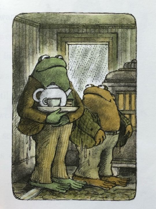 This image depicts a scene from Arnold Lobel's beloved children's book series, Frog and Toad, specifically an illustration titled "Frog and Toad at Tea". 
The image features Frog and Toad, the two main characters of the series, inside what appears to be a cozy home.
Frog is holding a tray with a teapot and a teacup, suggesting they are preparing for or enjoying tea. 