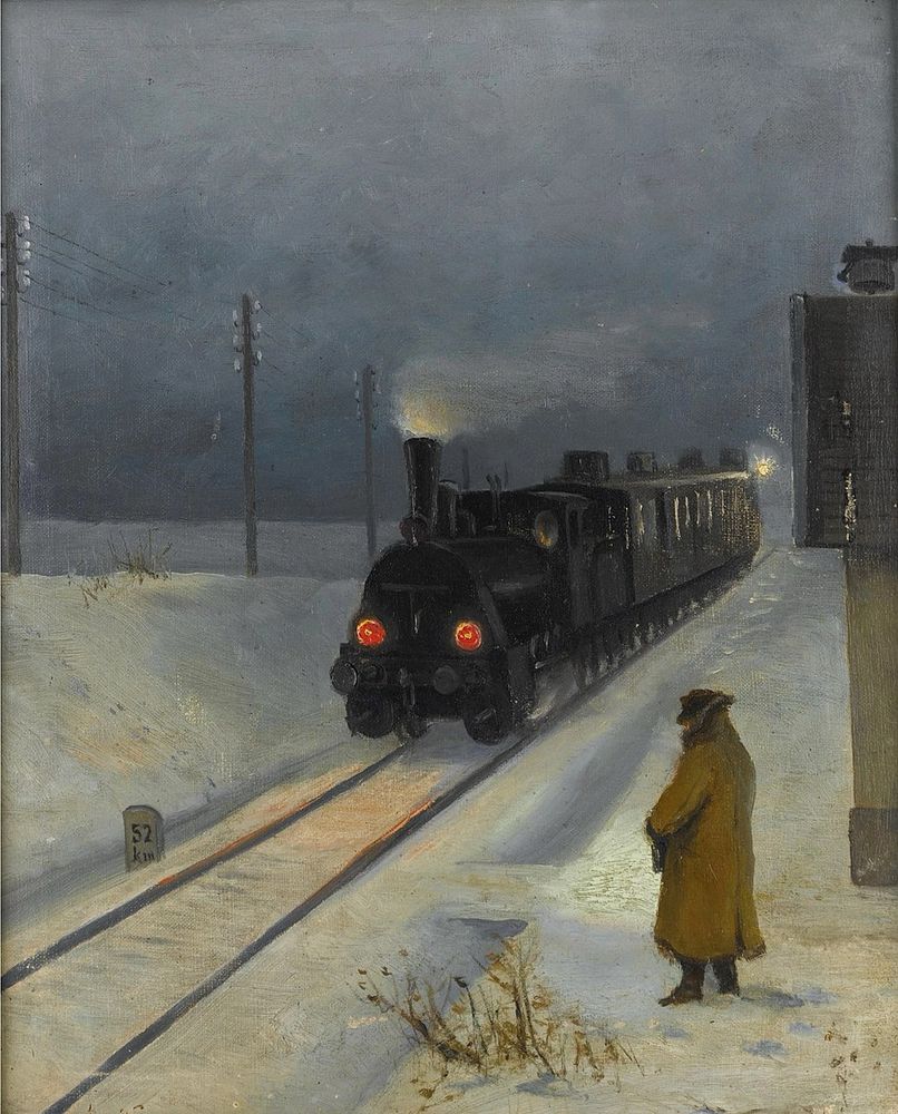 Painting ~ A dark steam locomotive with several passenger cars heading towards the viewer on a single track. Its red headlights glow in the darkness, and steam billows from its smokestack.
A lone figure, dressed in a long, tan or brown coat and hat, stands in the foreground to the right, facing the approaching train.
The ground is covered in snow, with traces of tracks and sparse vegetation visible. Telegraph poles line the tracks on the left, and a small marker indicating "52 km" is partially visible near the tracks.
